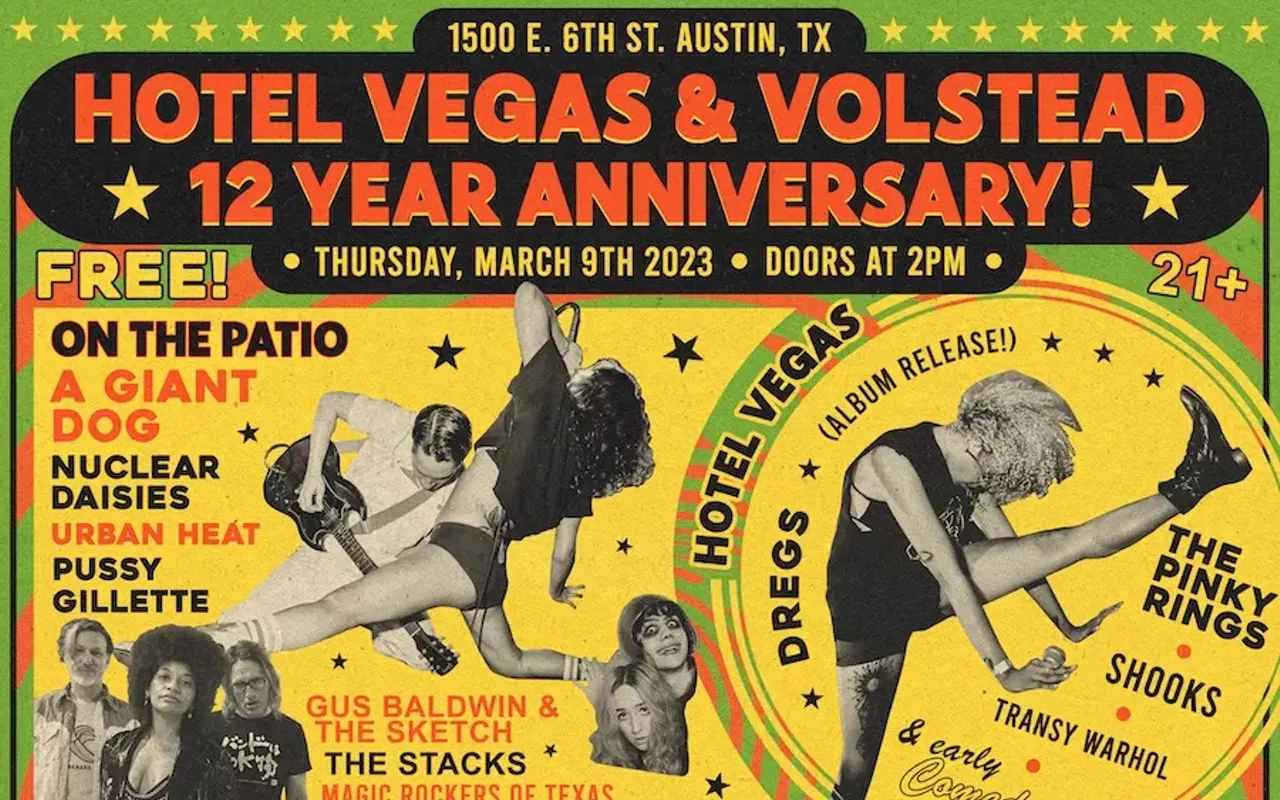 Image: 12th anniversary w/ A Giant Dog, Nuclear Daisies, Urban Heat, Pussy Gillette, Gus Baldwin & the Sketch, the Stacks, Magic Rockers of Texas, Lord Friday the 13th, DJ Boi Orbison [patio]; Dregs, the Pinky Rings, Shooks, Transy Warhol [grandstand]