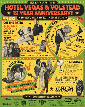 Image: 12th anniversary w/ A Giant Dog, Nuclear Daisies, Urban Heat, Pussy Gillette, Gus Baldwin & the Sketch, the Stacks, Magic Rockers of Texas, Lord Friday the 13th, DJ Boi Orbison [patio]; Dregs, the Pinky Rings, Shooks, Transy Warhol [grandstand]