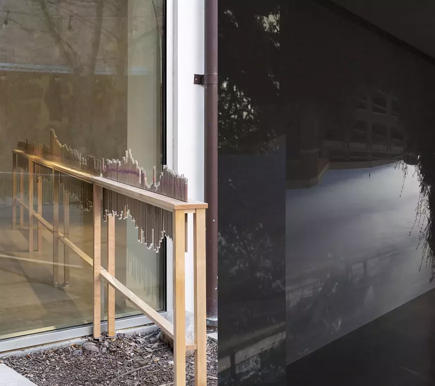 LEFT Abby Flanagan, rain score (detail), 2025. Glass, limestone sediment, rhodamine dye, rubber bands, maple table. Photo: Alex Boeschenstein. RIGHT Francesca Lally, View from the Window at Le Vac (detail), 2026. Camera obscura, digital sound collage.