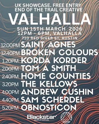 Image: End of the Trail unofficial showcase w/ Obnosticon (5:20pm), Sam Scherdel (4:40pm), Andrew Cushin (4pm), the Kellows (3:20pm), Home Counties (2:40pm), Tom A. Smith (2pm), Korda Korder (1:20pm), Broken Colours (12:40pm), Saint Agnes (noon)