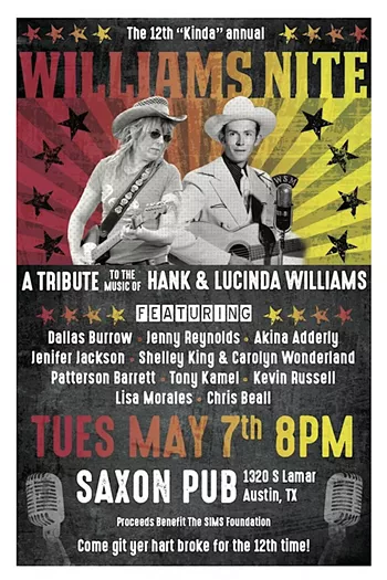 Image: Hank & Lucinda Williams Tribute Night benefiting SIMS Foundation w/ Various Artists (8:00); David Grissom (6:00)