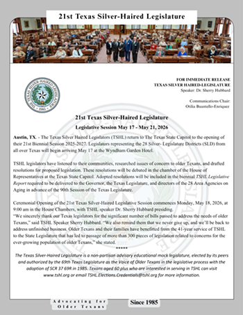 Image: Invitation for Press: 21st Texas Silver-Haired Legislature Legislative Session