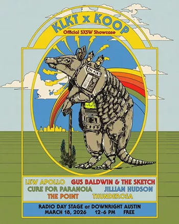 Image: KOOP x KLKT showcase w/ Gus Baldwin & the Sketch (5pm), Lew Apollo (4pm), Cure for Paranoia (3pm), Jillian Hudson (2pm), the Point. (1pm), Thunderosa