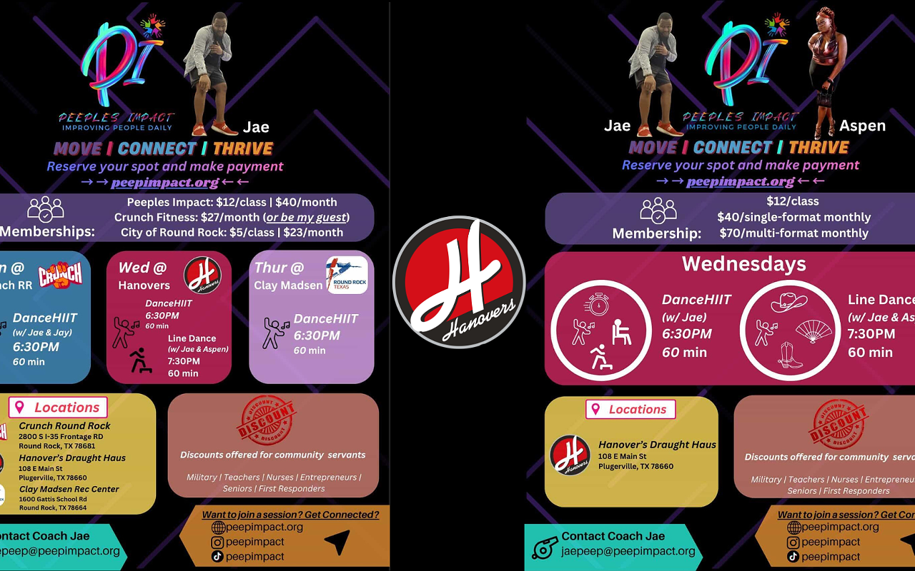 Image: Peeples Impact: HIIT Dance + Line Dance Classes at Hanovers Pflugerville