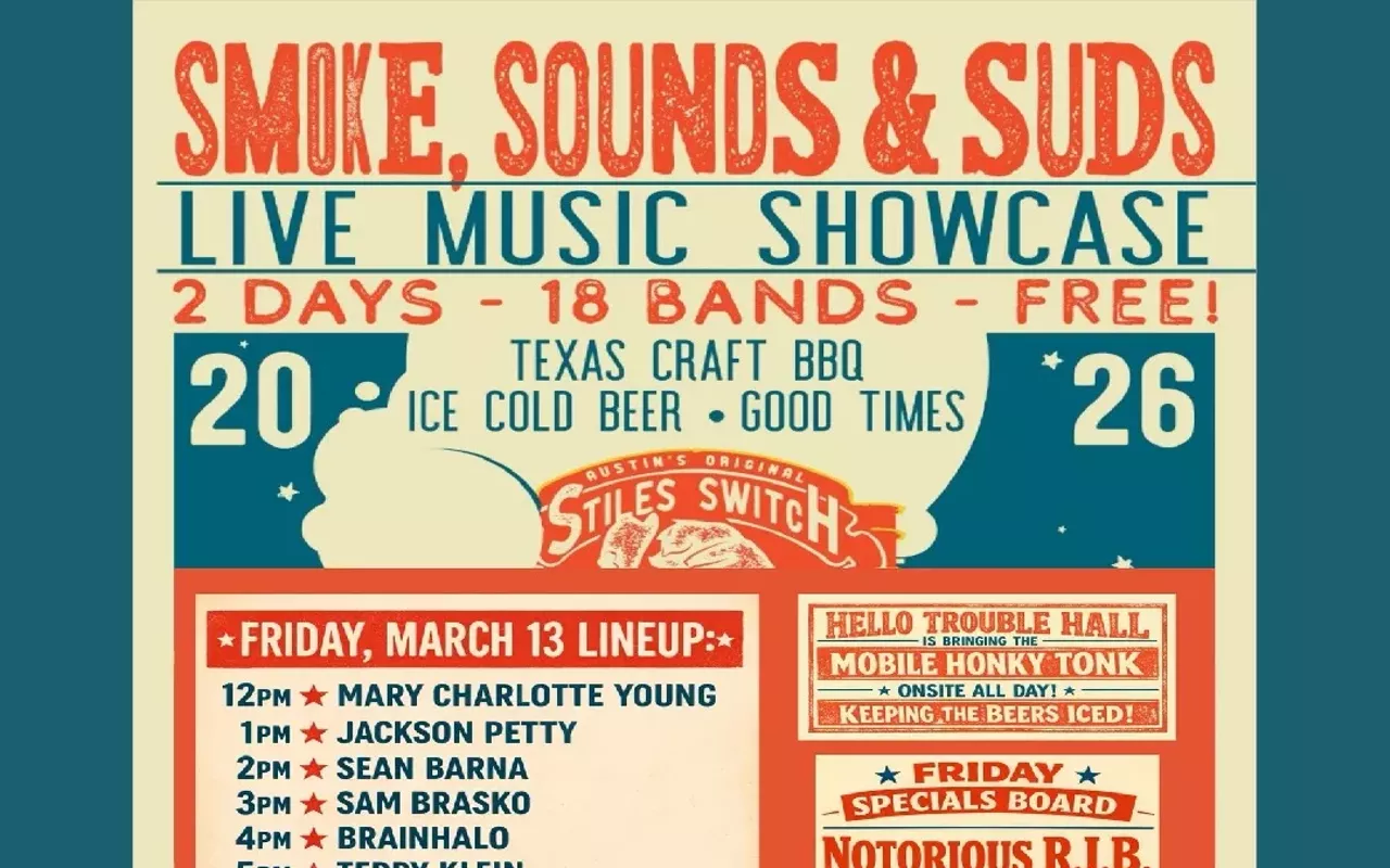 Image: Smoke, Sounds, & Suds Day One w/ Get-O-Cowboys (8pm), Walt Wilkins (7pm), Risky Clique (6pm), Terry Klein (5pm), BrainHalo (4pm), Sam Brasko (3pm), Sean Barna (2pm), Jackson Petty (1pm), Mary-Charlotte Young (noon)