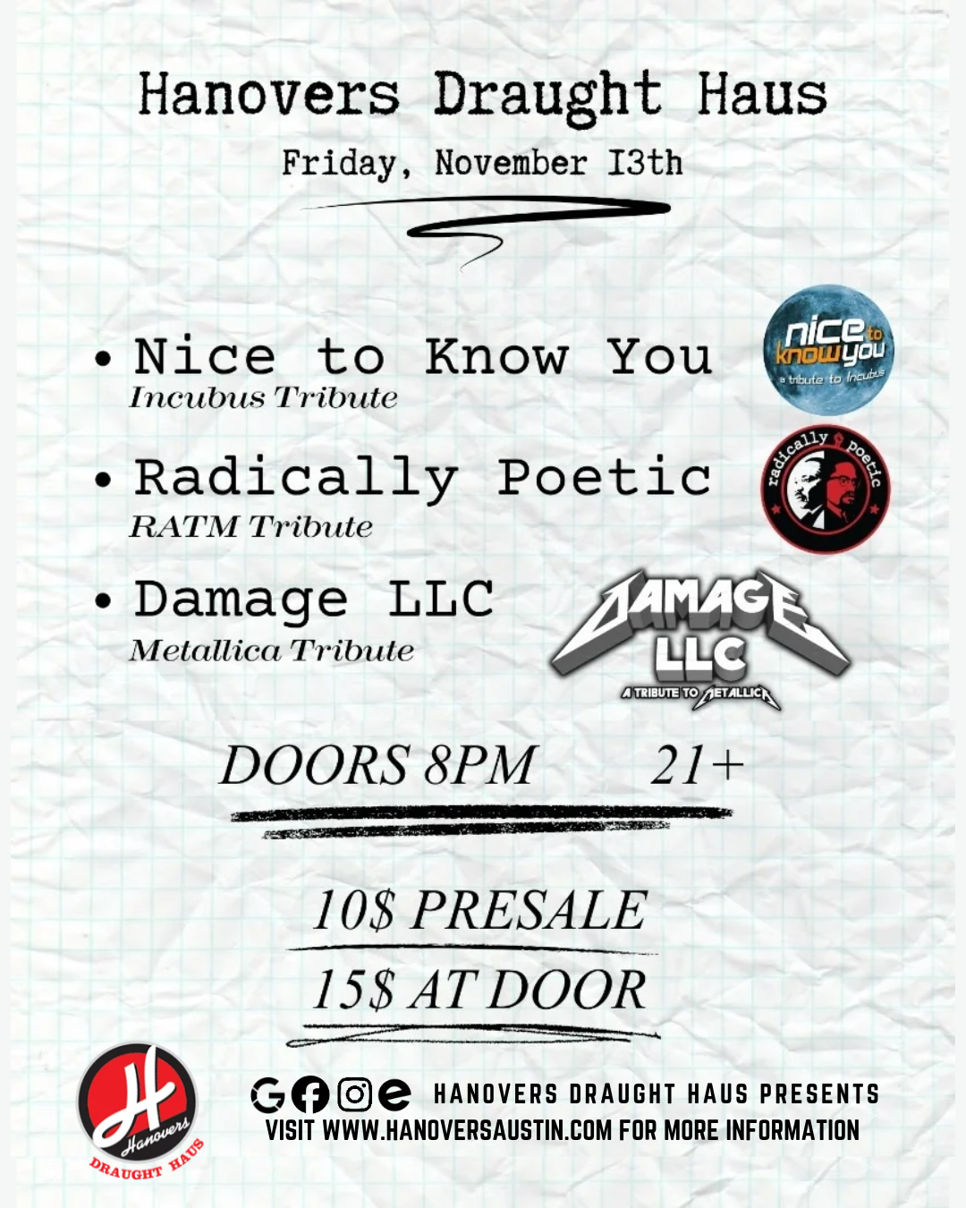 Poster for Alternative Grunge Night at Hanovers Pflugerville in Austin