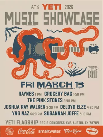 Image: YETI Music Showcase day two w/ Susannah Joffe (6:10pm), Esty (5:20pm), Deloyd Elze (4:20pm), Joshua Ray Walker (3:30pm), the Pink Stones (2:40pm), Grocery Bag (1:50pm), Raynes (1pm)
